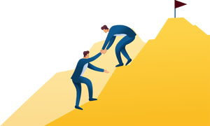 Two people helping each other climb a mountain