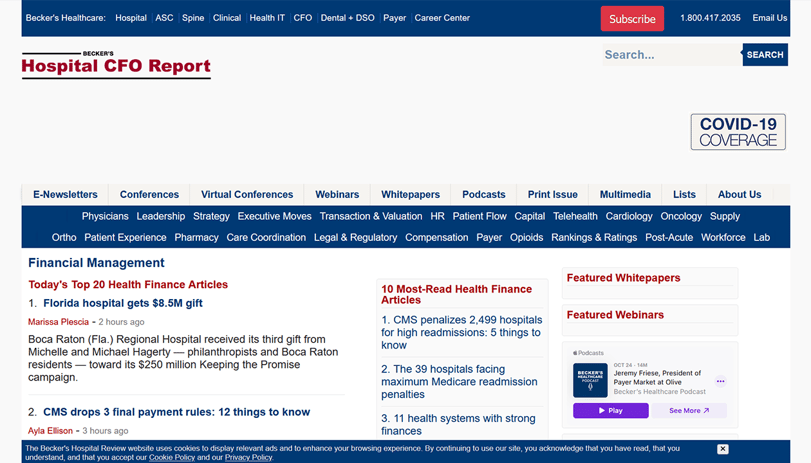 Screenshot of the Becker's Hospital CFO Report Website, 2021