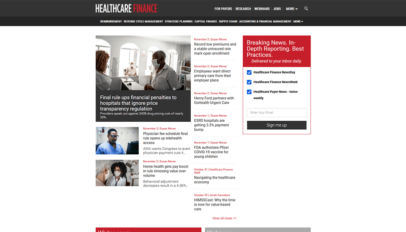 Screenshot of the Healthcare Finance News Website, 2021