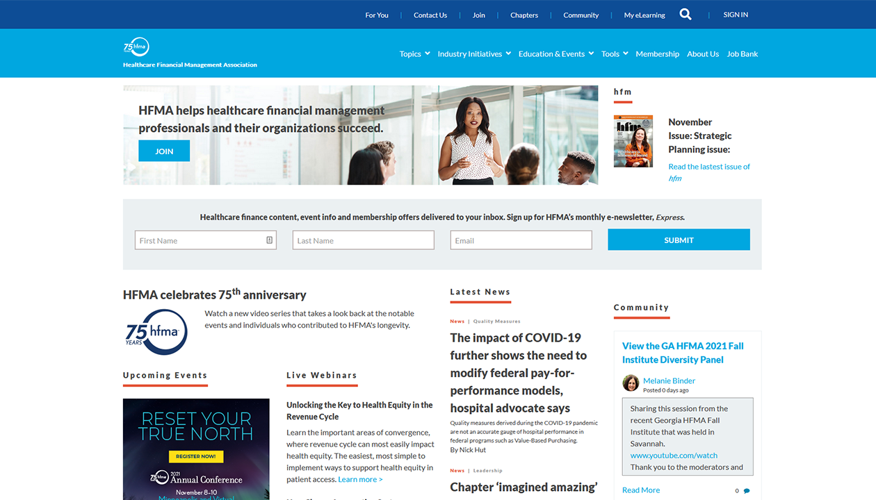 Screenshot of the Healthcare Finance Management Association Website, 2021