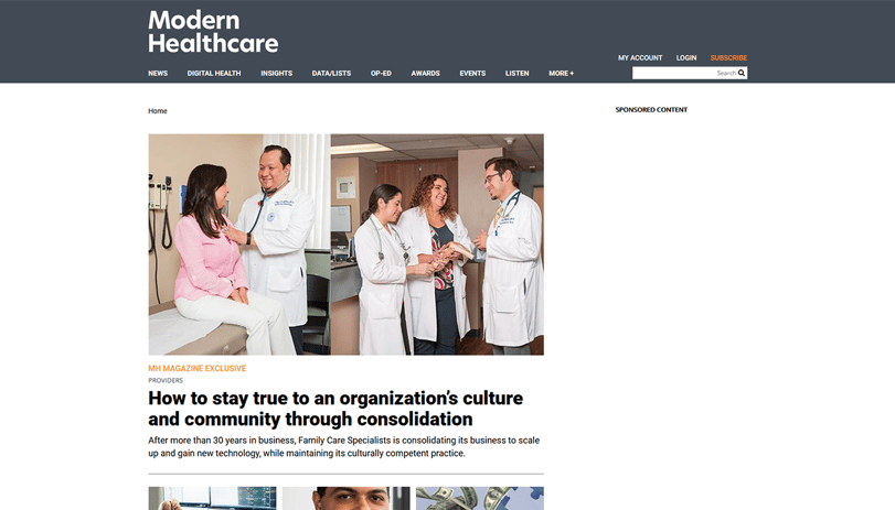 Screenshot of the Modern Healthcare News Website, 2021