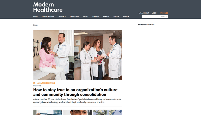 Screenshot of the Modern Healthcare News Website, 2021