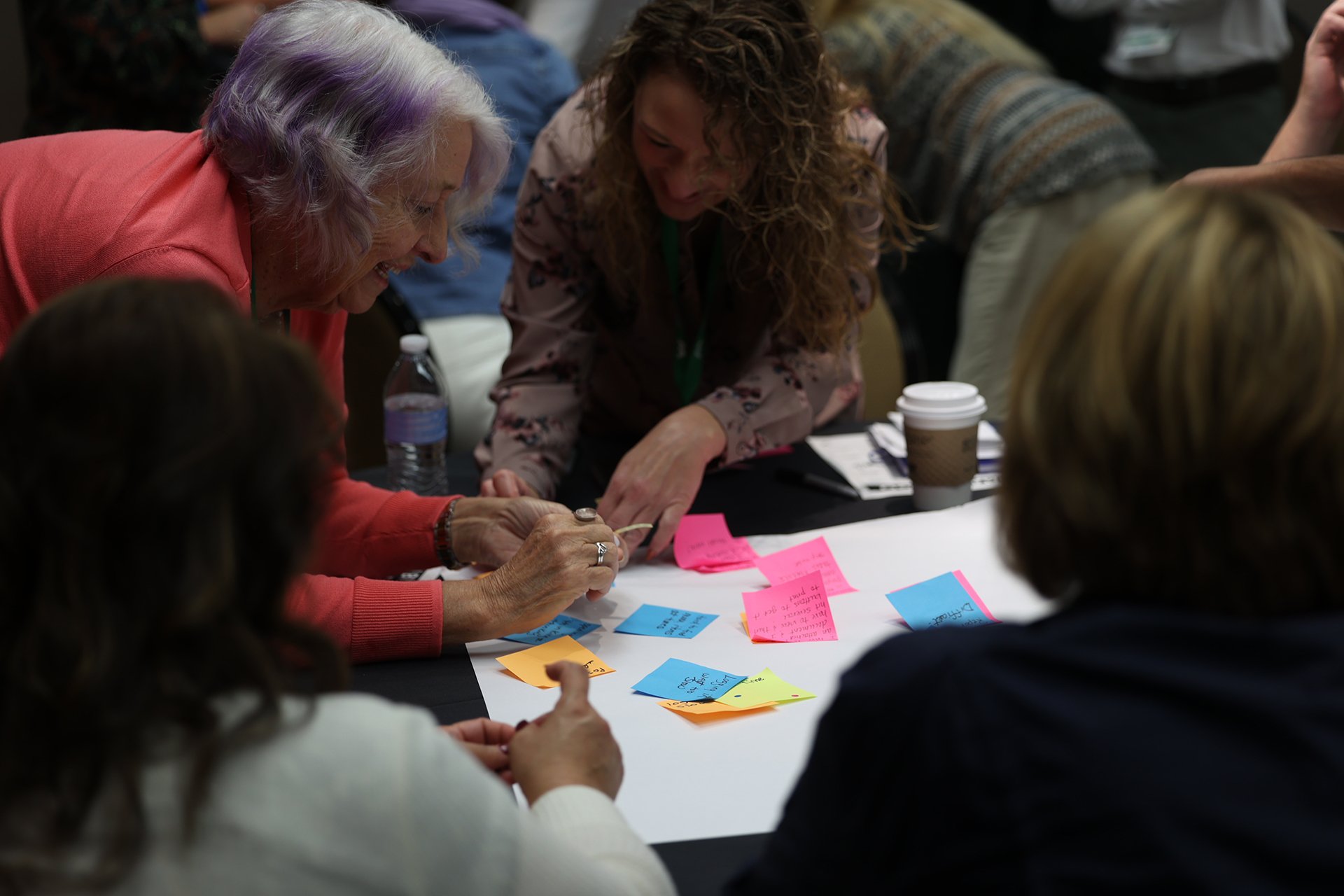 Clients writing on sticky-notes in an interactive session during IMUG 2023