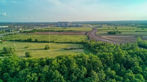 An aerial shot of a rural hospital in Ontario