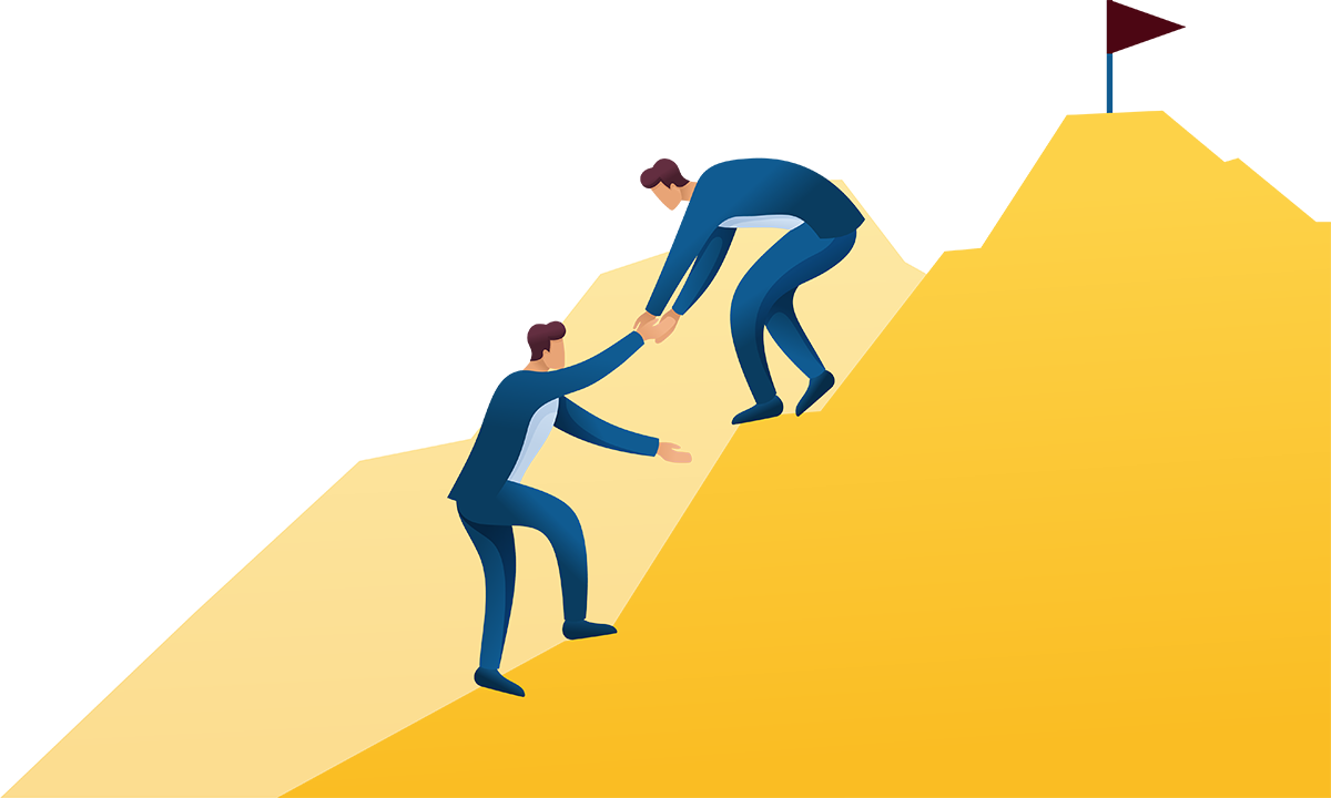 Two people helping each other climb a mountain