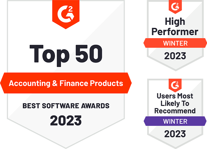 Badges that Multiview has earned from G2 - #12 Best Accounting & Finance Product, High Performer and Users Most Likely to Recommend for Winter 2023